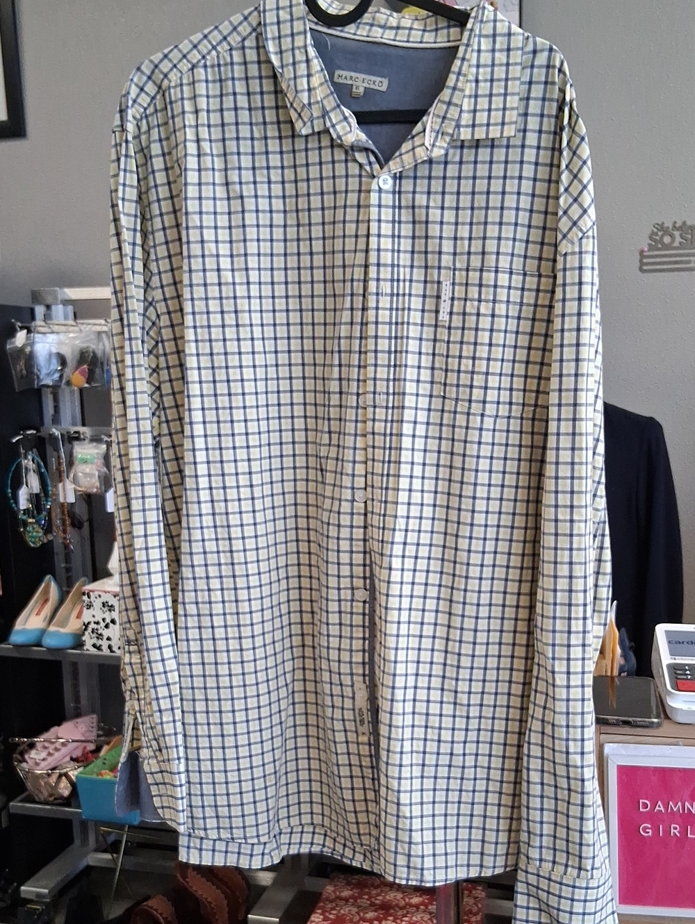Marc Ecko Cream and Blue Windowpane Button-Down Shirt